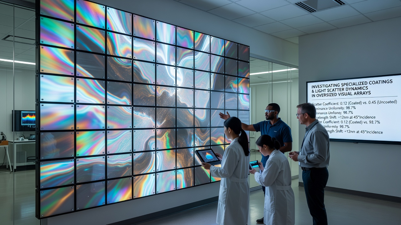 Close-up view of light scatter patterns measured on coated versus uncoated sections of a large visualization array