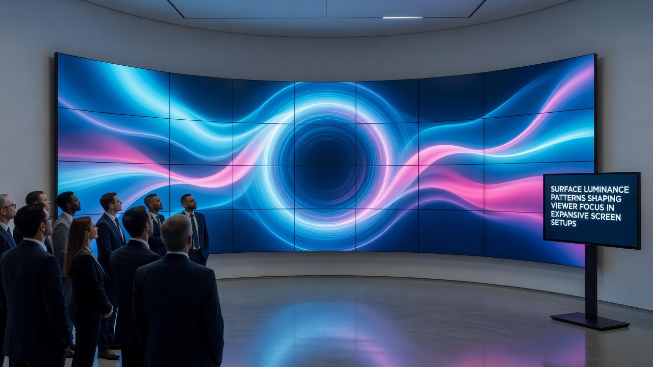 Eye-tracking heat map overlay on a wide multi-screen installation demonstrating viewer focus distribution based on luminance variations